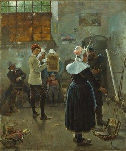 HENRY JONES THADDEUS (1860-1929) LES AMIS DU MOD√àLE oil on canvas 116x98cm signed and dated 1881
