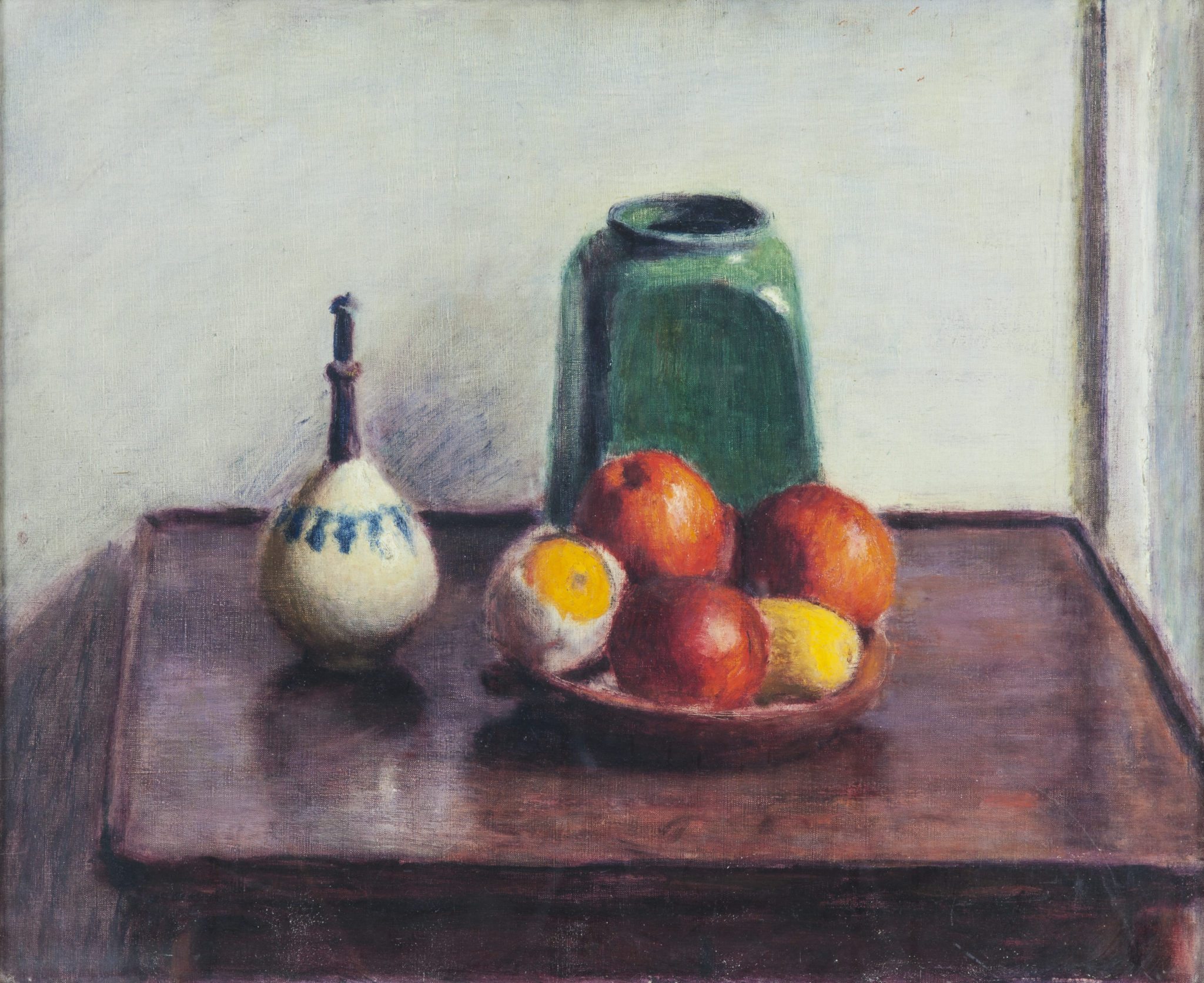 Still Life Study with Fruit and Pottery on a Mahogany Table