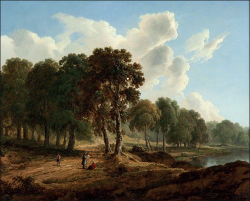 1 JAMES ARTHUR O’CONNOR (1792 –1841) A WOODED LANDSCAPE WITH FIGURES ON A PATH oil on panel 24x33.5cm 