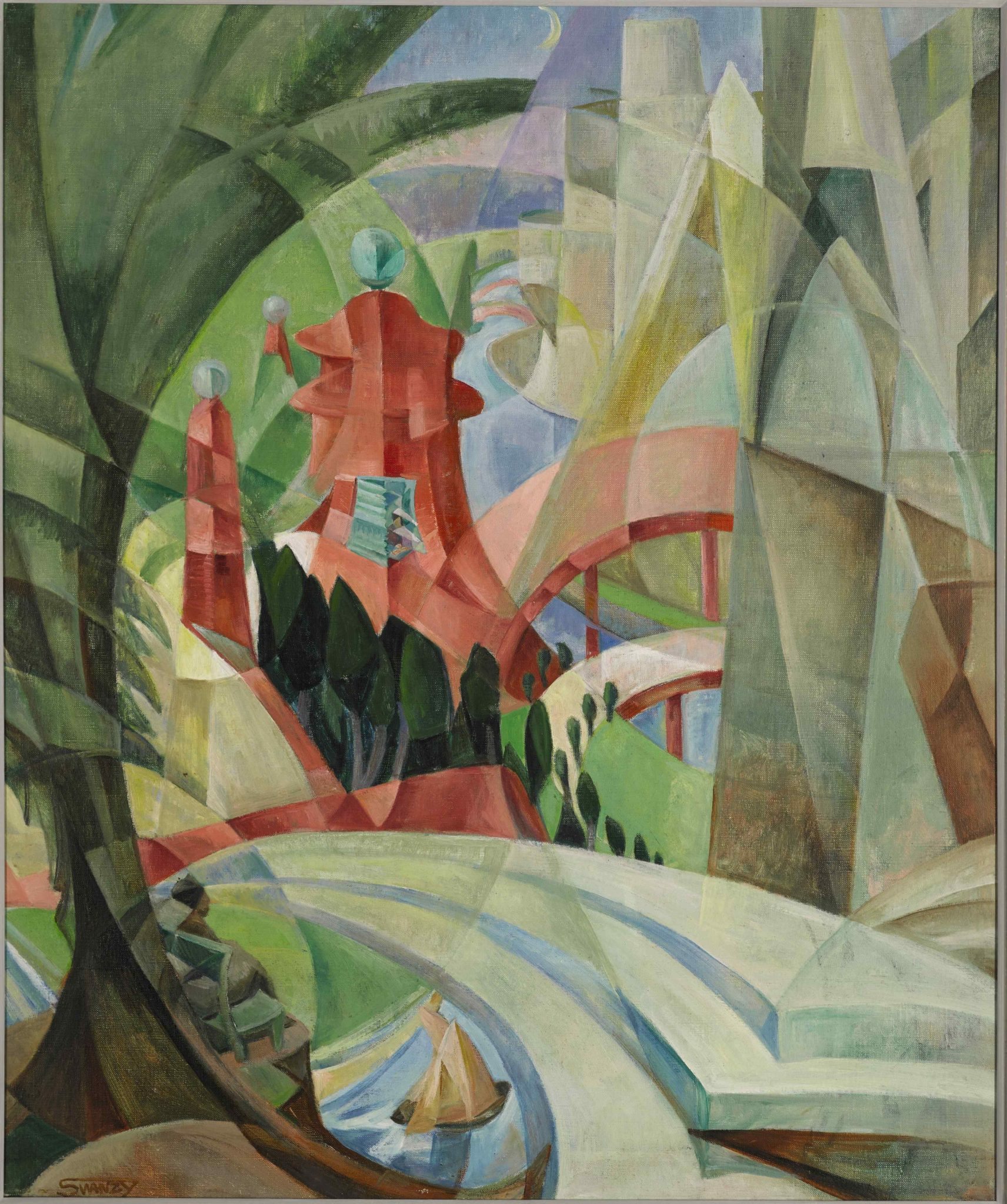 Cubist Landscape with Red Pagoda and Bridge