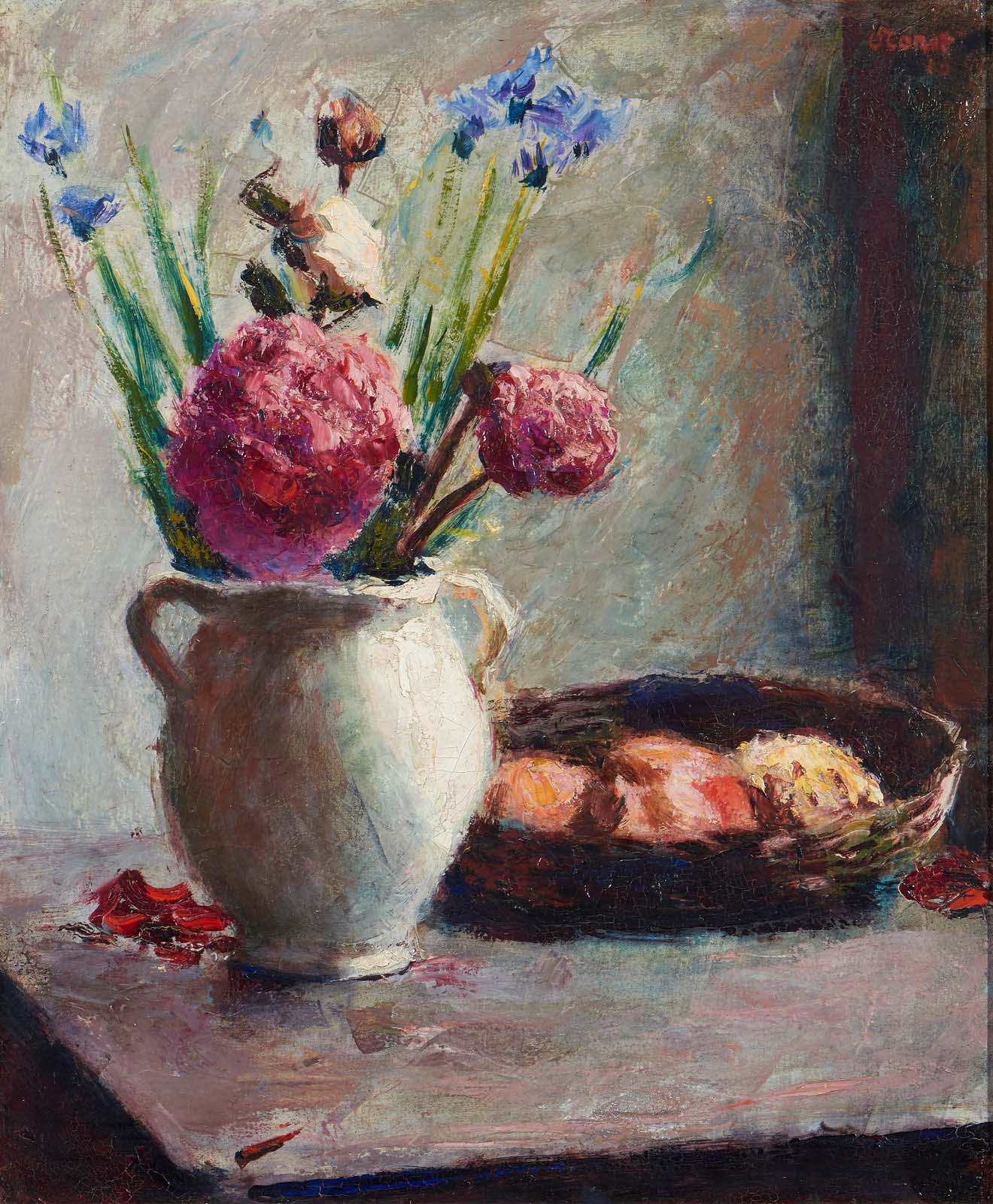 Peonies and Iris in a Vase and a Bowl of Fruit
