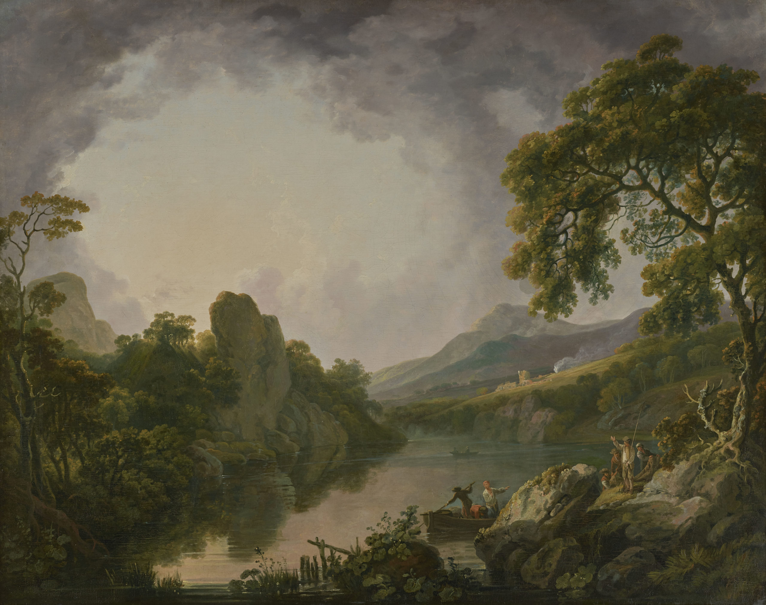 Sun Rising: An Extensive Wooded Landscape with Fishermen