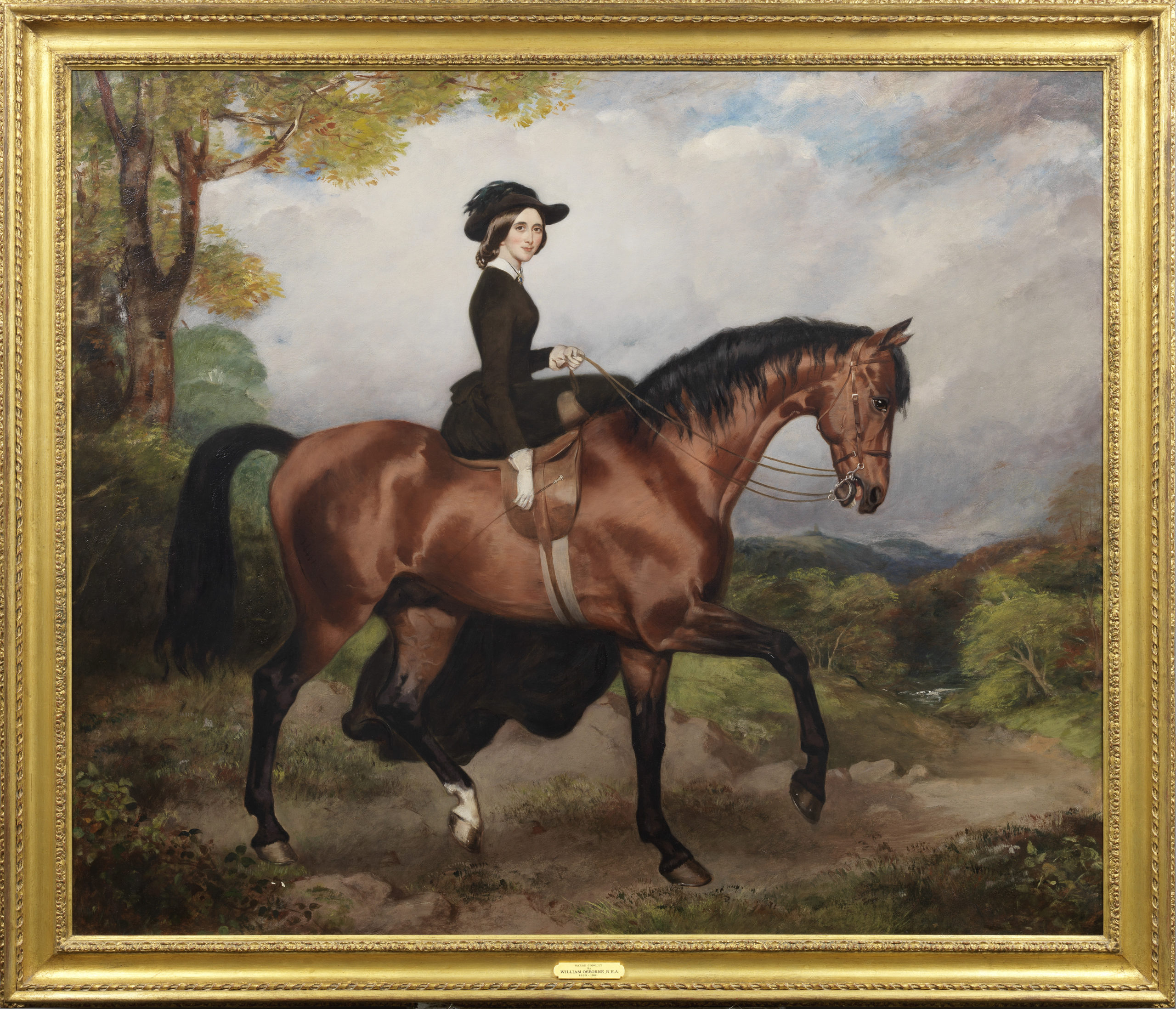 Equestrian portrait of Sarah Conolly of Castletown, mounted side saddle on a light bay hunter in a landscape