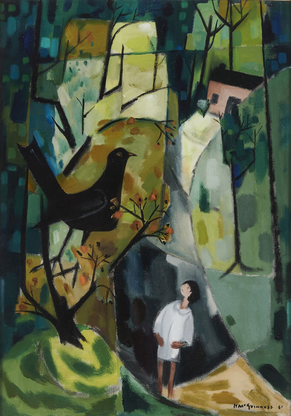 Blackbird and Girl in a Landscape with Cottage